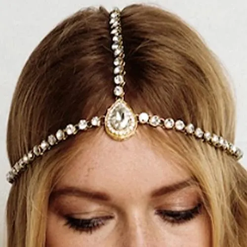 Missgrace Bohemian Vintage Dainty Simple Shining Women Bridal Rhinestone Gold Silver Waterdrop Chunky Head Chain Headband Boho Crystal Teardrop Headpiece Hair Jewelry Wedding Prom Party Halloween Festival Hair Accessories for Women Girls (Gold)