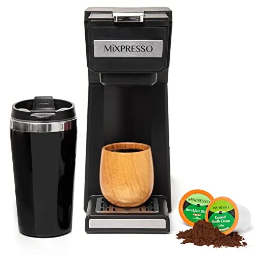 Mixpresso Coffee Maker Single Serve For Ground Coffee & Compatible With K Cup Pods, With 14oz Travel Mug & Reusable Filter For Home, Office & Camping.