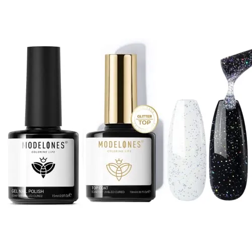 modelones Glitter Gel Top Coat, Iridescent Silver Mix Glitter No Wipe Top Coat Gel & 1 Pcs 15ml Pure Black Color Gel Polish Set Soak Off LED Long-Wear Mirror Shine Essential Nail Gel