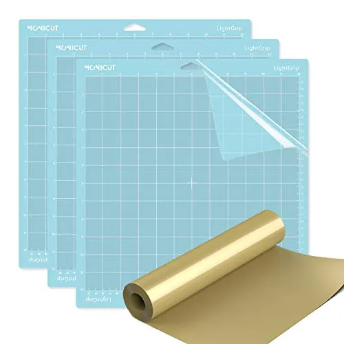 Monicut Lightgrip Cutting Mat for Cricut Explore One/Air/Air 2/Maker(12x12in, 3 Pack) & Monicut Permanent Gold HTV Vinyl 12Inchx15Feet Matte Heat Transfer Vinyl Roll