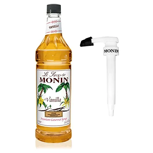 Monin - Vanilla Syrup with Monin BPA Free Pump, Boxed, Versatile Flavor, Great for Coffee, Shakes, and Cocktails, Gluten-Free, Non-GMO (1 Liter)