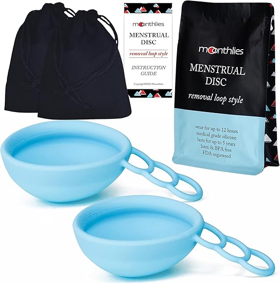 MOONTHLIES Reusable Menstrual Disc | Period Disc with Removal Loop Stem | Alternative to Menstrual Cups for Light or Heavy Flows | Sustainable Alternative to Tampons/Pads (2 Medium, Blue)