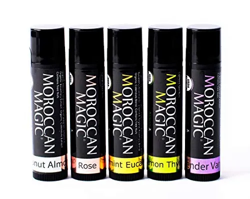 Moroccan Magic Organic Lip Balm 5 Piece Variety Pack Gift Set | Organic Argan and Essential Oils | Smooth | Natural | Non-Toxic | Cruelty Free | 5 Pack