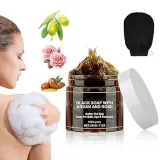 Morocco Black Soap With Argan And Rose, Zawina Morocco Black Beldi Soaps, Blacks Soap Bar Exfoliating Soaps, Zawina Moroccan BlackSoap Hammam, Moroccos Body Scrub with Exfoliating Glove (1)