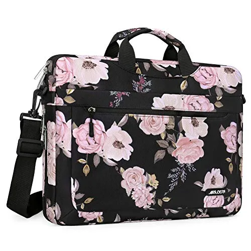 MOSISO Laptop Shoulder Bag Compatible with MacBook Pro 16 inch A2141/Pro Retina A1398, 15-15.6 inch Notebook, Polyester Peony Messenger Carrying Briefcase Sleeve with Adjustable Depth at Bottom, Black