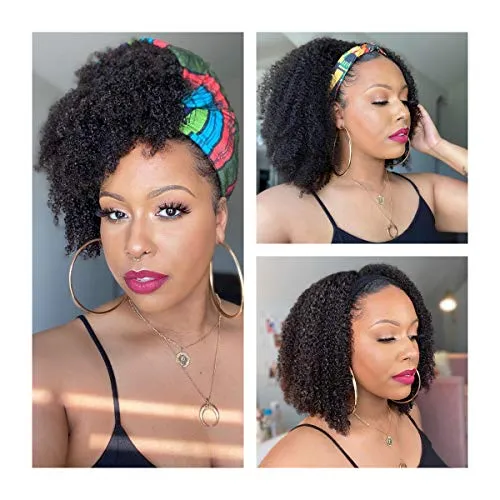 MSZY Headband Wig Curly Human Hair Wig For Black Women Scarf Wig Easy to Install 180 Density Brazilian Remy Hair Adjustable Band Non-Lace 14 Inch