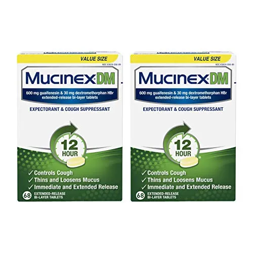 Mucinex DM 12 hour Cough and Chest Congestion Medicine, Expectorant and Cough Suppressant, Lasts 12 hours, Powerful Symptom Relief, Extended-Release Bi-layer tablets, 68 Count (Pack of 2)