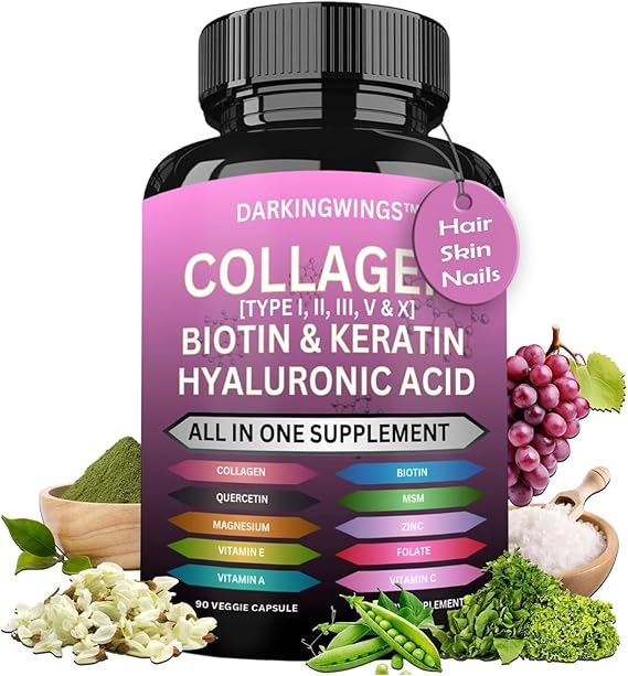 Multi Collagen Pills Peptides Types I, II, III, V & X MCG Biotin Keratin Hyaluronic Acid MSM Vitamin C Zinc Magnesium with Grape Seed Extract, Quercetin - Hair Skin and Nails Vitamins Capsule