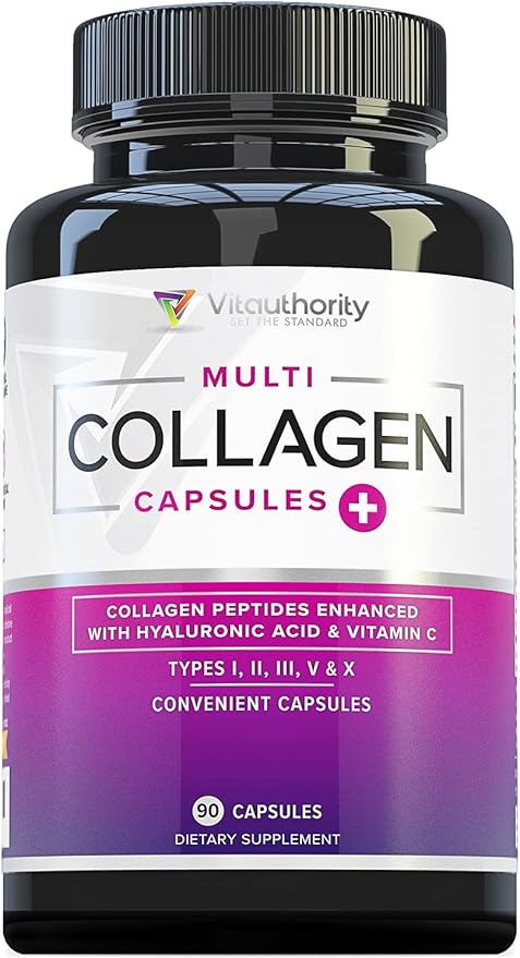 Multi Collagen Pills with Hyaluronic Acid & Vitamin C: 5 Type Hydrolyzed Collagen Protein Peptides, Types I II III V X, 30 Servings, 90 Capsules