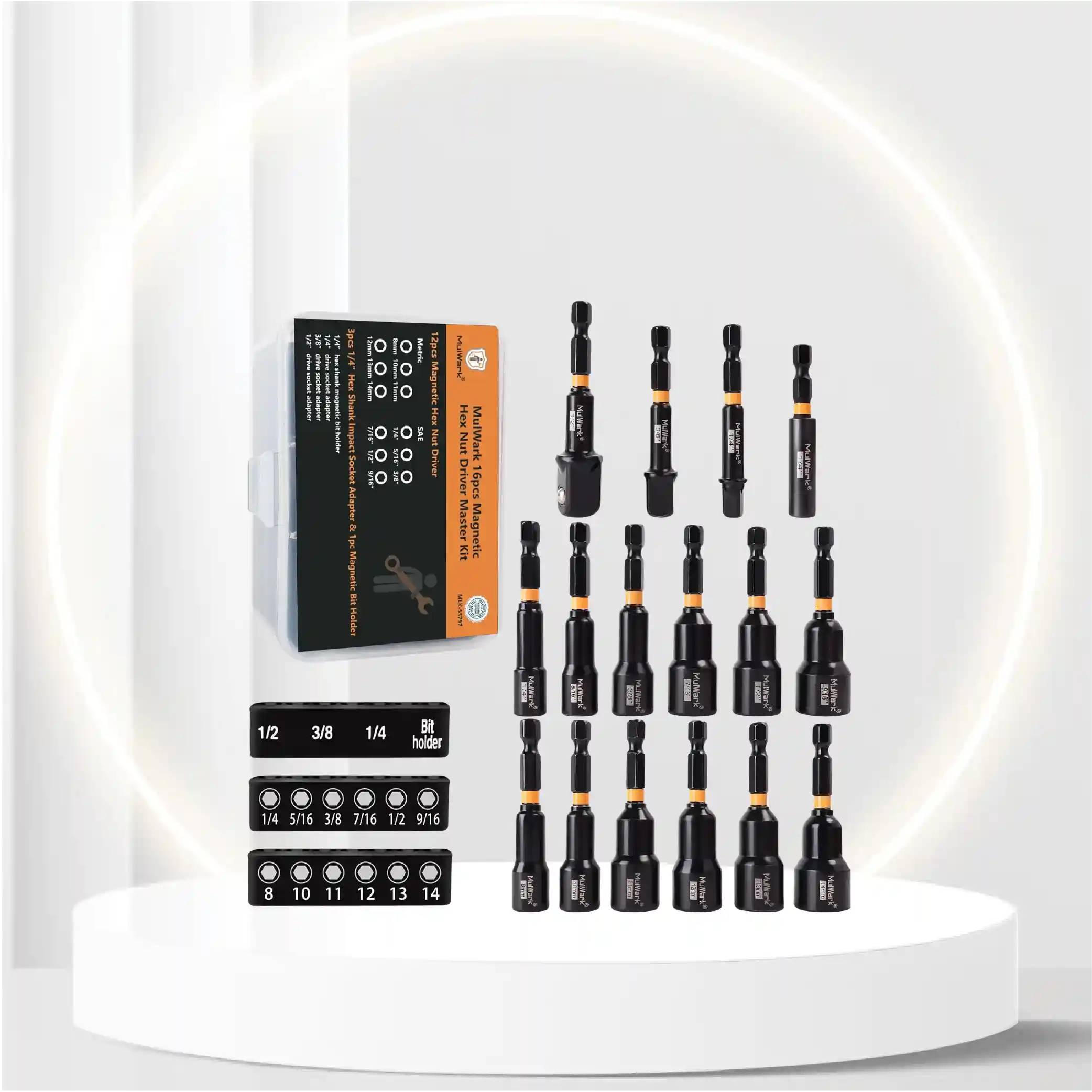 MulWark 16PC Magnetic Nut Driver Set - 1/4â Hex Head Impact Driver Bit Set |SAE and Metric Screwdriver, Manganese Phosphate Blackening Nut Setter Drill Bit Tools W/ Impact Socket Adapters & Bit Holder
