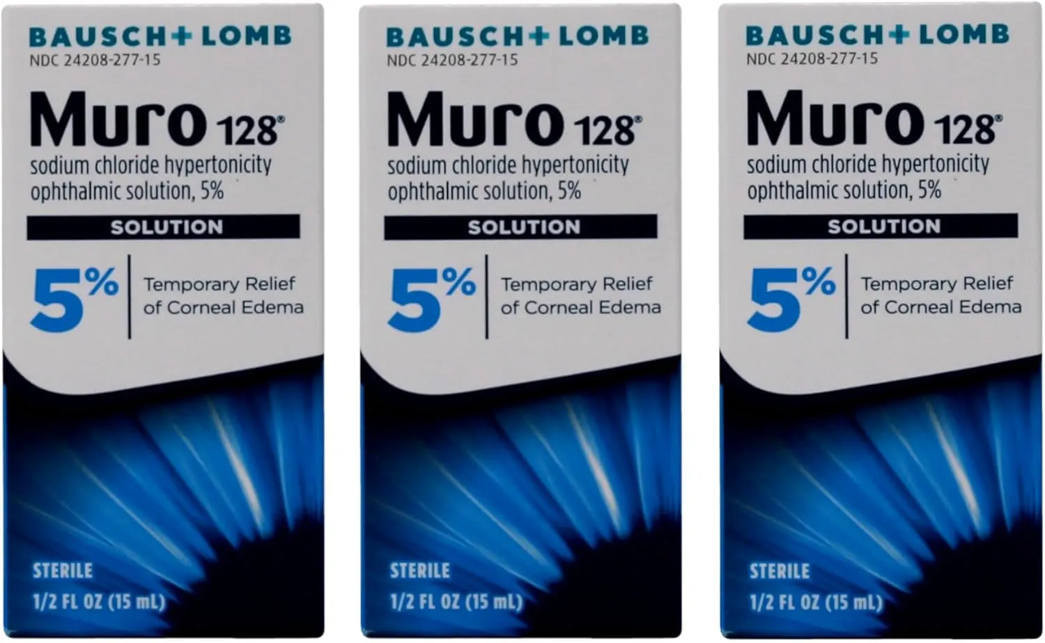 Muro 128 5% Sodium Chloride Hypertonicity Ophthalmic Solution, from Bausch + Lomb, 0.5 Fl Oz (15 mL) (Pack of 3)
