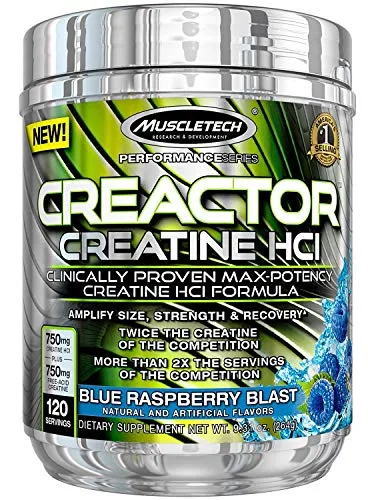 MuscleTech Creactor, Max Potency Creatine Powder, Micronized Creatine and Creatine HCl, Blue Raspberry, 120 Servings (264g)