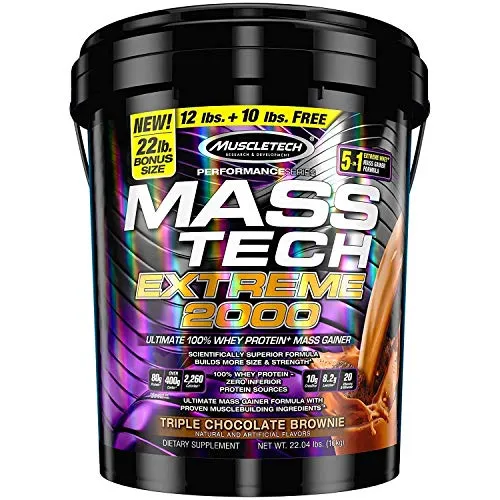 MuscleTech Mass Tech Extreme Mass Gainer Whey Protein Powder, Triple Chocolate Brownie, 22 Pounds