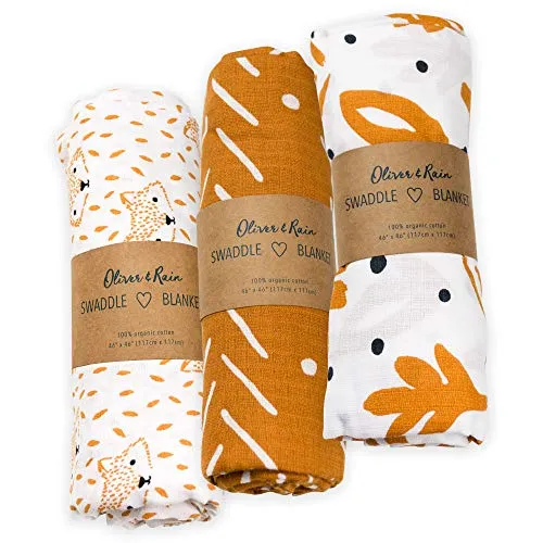 Muslin Swaddle Blanket Oliver & Rain, Newborn Baby Boy Girl, Gold Fox Leaf Print 3 Pack
