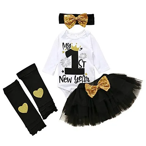 My 1st New Year Outfit Newborn Baby Girl Clothes Romper Top+Tutu Tulle Polka Skirt+Leg Warmer+ Headband 4PCS Dress Set (C-dot Dress, 12-18months)