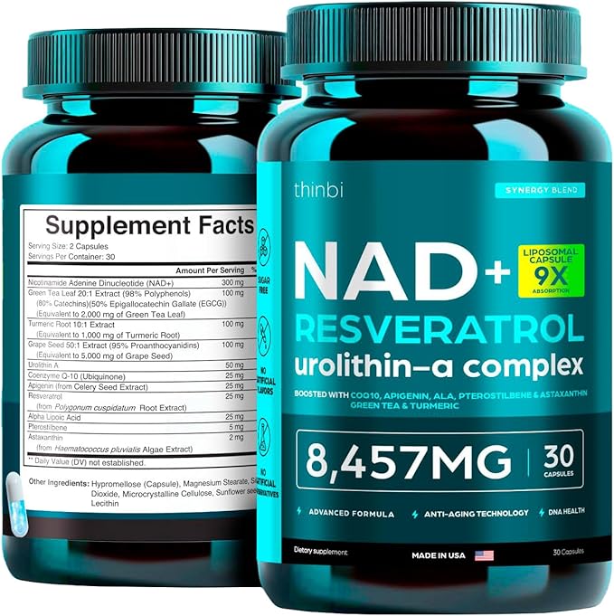 NAD Supplement 8,457 mg Extra Strength Liposomal, Green Tea + Astaxanthin for Women & Men, Resveratrol, CoQ10, Alpha Lipoic Acid