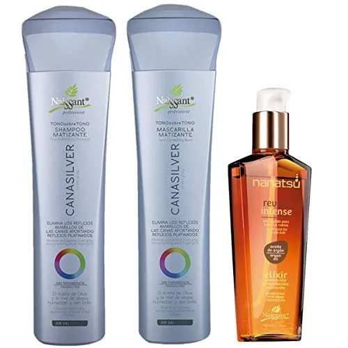 Naissant Set No Yellow Shampoo , Treatment Mask and Argan Oil. Color Care,Hair Intensifier and Damage Repair. Without Salt and Parabens for Blonde Hair (Silver Gray,Cana Silver).