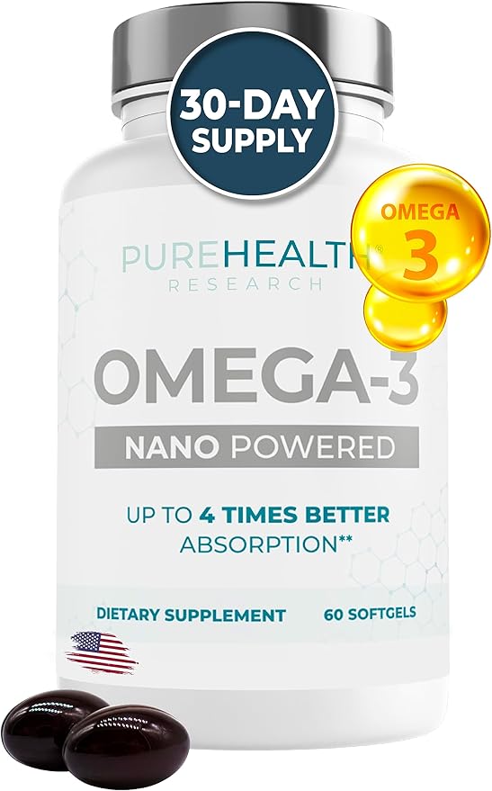 Nano Omega 3 by PureHealth Research, Higher Absorption Omega 3 Fish Oil, EPA, DHA, Astaxanthin 2mg, Promotes Heart & Brain Health, Non-GMO, Manufactured in USA, 60 Capsules