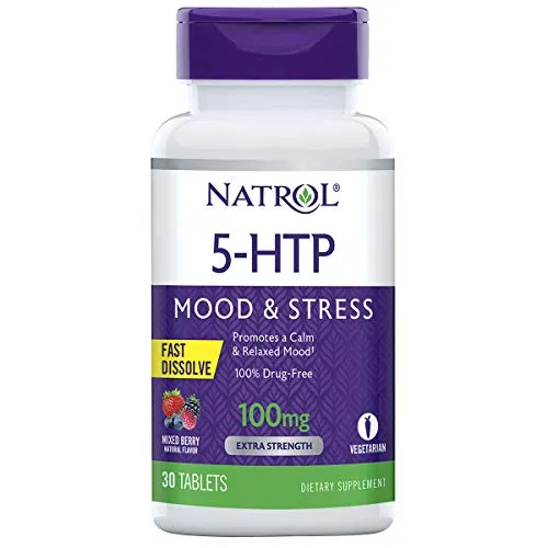 Natrol 5-HTP Fast Dissolve Tablets, Promotes a Calm Relaxed Mood, Helps Maintain a Positive Outlook, Enables Production of Serotonin, Drug-Free, Controlled Release, Maximum Strength, Wild Berry Flavor