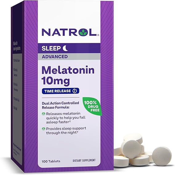 Natrol Melatonin Advanced Sleep Tablets with Vitamin B6, Helps You Fall Asleep Faster, Stay Asleep Longer, 2-Layer Controlled Release, 100% Drug-free, Maximum Strength, 10mg, 100 Count