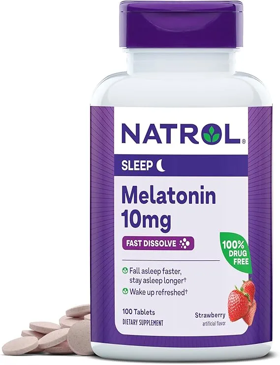 Natrol Melatonin Fast Dissolve Tablets, Helps You Fall Asleep Faster, Stay Asleep Longer, Easy to Take, Dissolves in Mouth, Faster Absorption, Maximum Strength, Strawberry Flavor, 10mg, 100Count