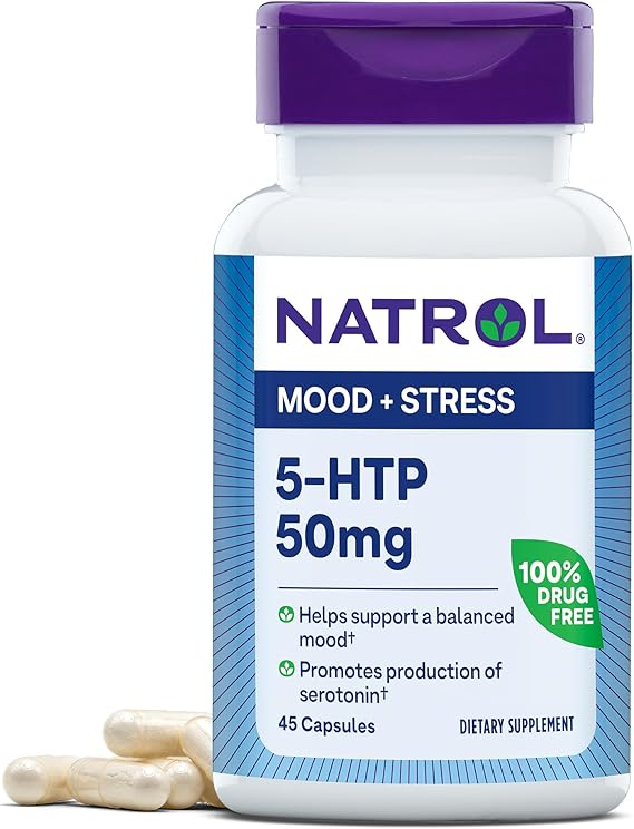 Natrol Mood & Stress 5-HTP 50mg, Dietary Supplement Helps Support a Balanced Mood, 45 Capsules, 11-45 Day Supply
