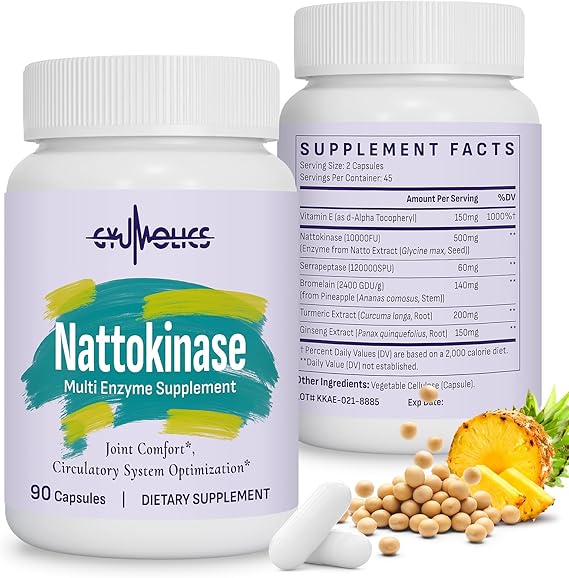 Nattokinase Supplement 10000FU with Organic Nattokinase, Serrapeptase, Bromelain, Curcumin, Vitamin E & Ginseng, Movement Comfort, 180 Capsules
