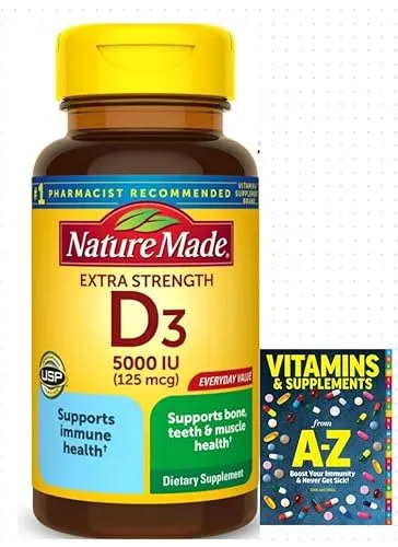 Nature Made Extra Strength Vitamin D3 5000 IU (125 mcg) Softgels, Dietary Supplement for Bone and Immune Health Support, 100 Count+Better Guide Vitamins Supplements