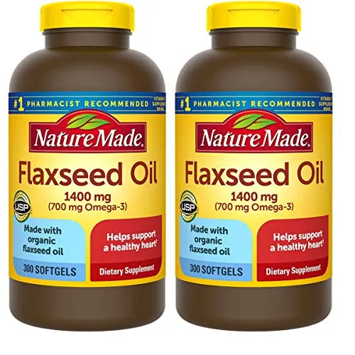 Nature Made Organic Flaxseed Oil 1,400 mg - Omega-3-6-9 for Heart Health - 300 Softgels(Pack of 2)