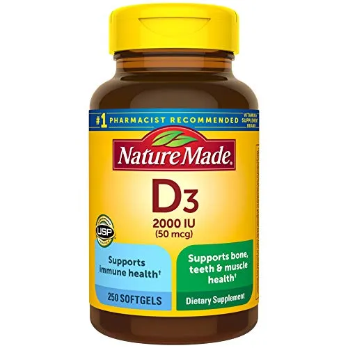 Nature Made Vitamin D3 2000 IU (50 mcg) Softgels, 250 Count Everyday Value Size for Bone Healthï¿½ (Packaging May Vary)