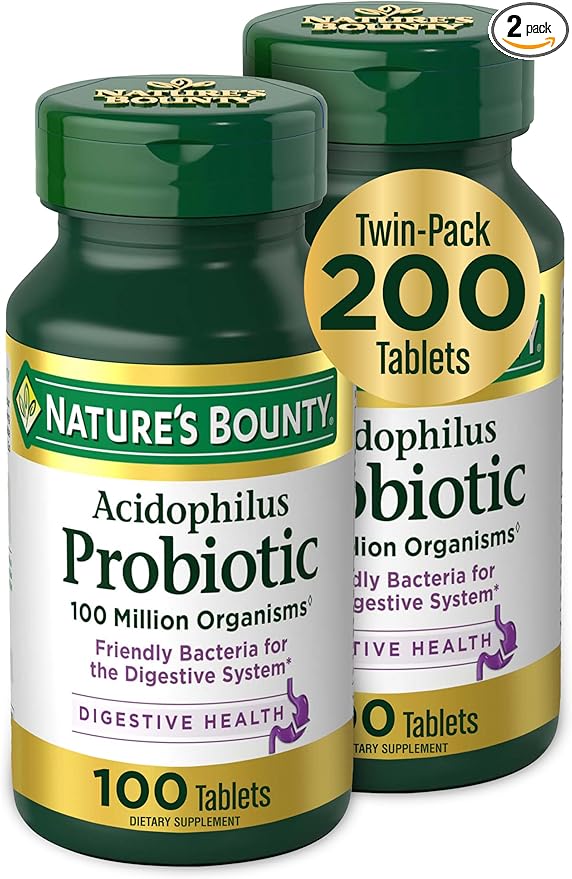 Nature's Bounty Acidophilus Probiotic, Daily Probiotic Supplement, Digestive Health, 200 Tablets, Twin Pack