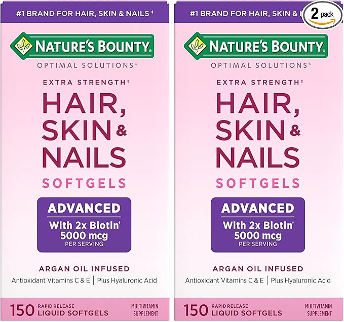 Nature's Bounty Advanced Hair, Skin & Nails, Argan-Infused Vitamin Supplement with Biotin and Hyaluronic Acid, 150 Rapid Release Softgels (Pack of 2)