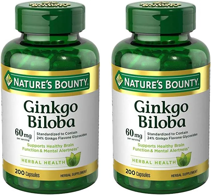 Nature's Bounty Ginkgo Biloba 60mg Capsules, 200 Count (Pack of 2)