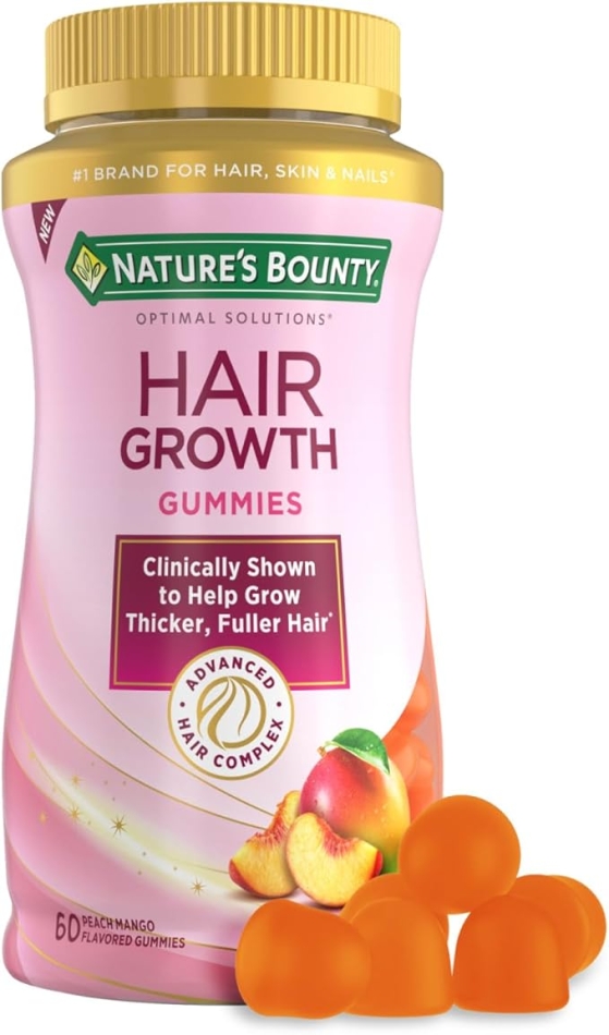 Natureâs Bounty Hair Growth Gummies for Supporting Thicker, Fuller Hair with Biotin, Silicon & Arginine, Peach Mango Flavor â Gluten Free, Contains No Lactose, Sodium or Fish, 60 Count