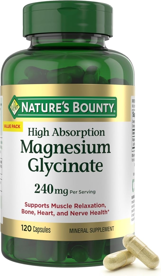 Natureâs Bounty High Absorption Magnesium Glycinate 240 mg for Supporting Muscle Relaxation and Bone, Heart & Nerve Health â Non-GMO, Gluten-Free, Vegetarian, 120 Count/60 Servings