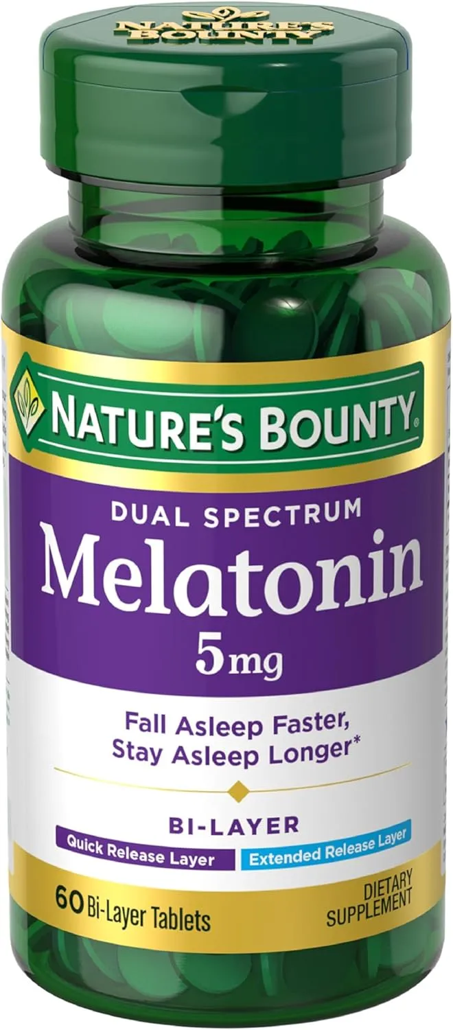 Natures Bounty Melatonin 5mg Dual Spectrum, 100% Drug Free Sleep Supplement, Quick Release and Extended Release, Promotes Relaxation and Sleep Health, 60 Bi-Layer Tablets