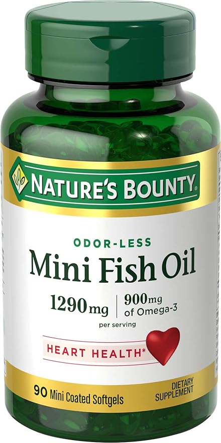 Nature's Bounty Mini Fish Oil Softgels, Burpless Fish Oil Omega 3 Supplements, Supports Heart Health, 90 Softgels