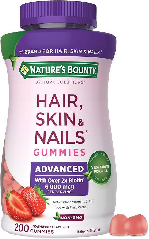 Natureâs Bounty Optimal Solutions Advanced Hair, Skin and Nails Pectin Gummies, 2x Biotin Per Serving, No Stick Gummy, Vegetarian Formula, Strawberry Flavor, 200 ct, 100 Total Servings