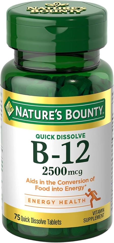 Natureâs Bounty Vitamin B12 2500 mcg, Cellular Energy Support, for Energy Metabolism, Heart & Nervous System Health, 75 Quick Dissolve Tablets