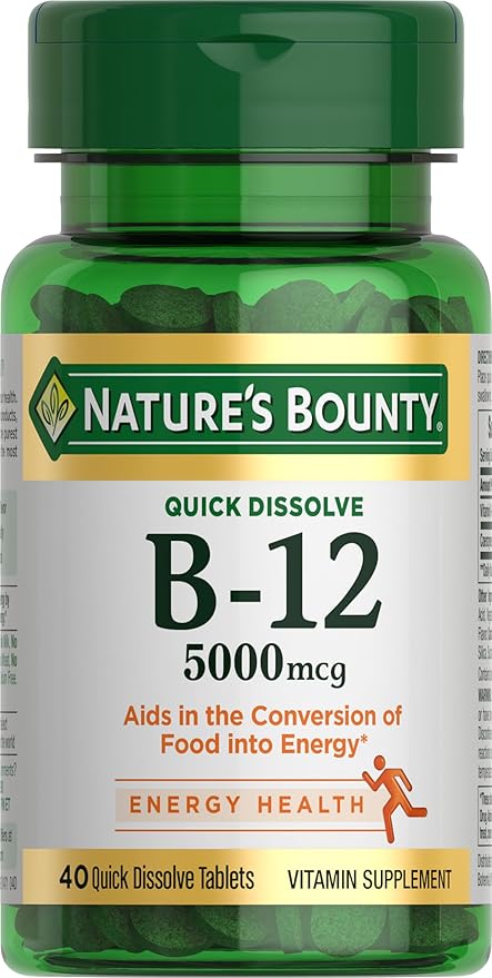 Nature's Bounty Vitamin B12, Supports Energy Metabolism and Nervous System Health, 5000mcg, 40 Quick Dissolve Tablets