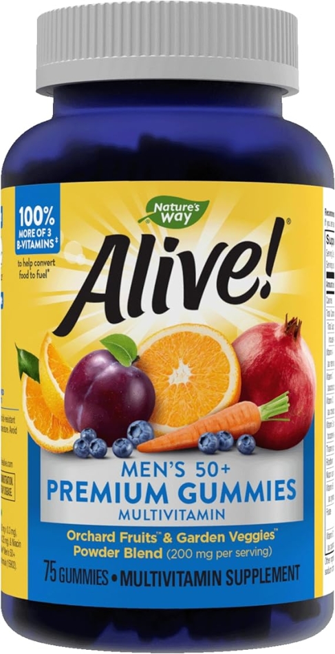Nature's Way Alive! Menâs 50+ Premium Gummy Multivitamins, Supports Multiple Body Systems, B-Vitamins, Gluten-Free, Vegetarian, Grape, Orange and Cherry Flavored Gummies, 75 Gummies