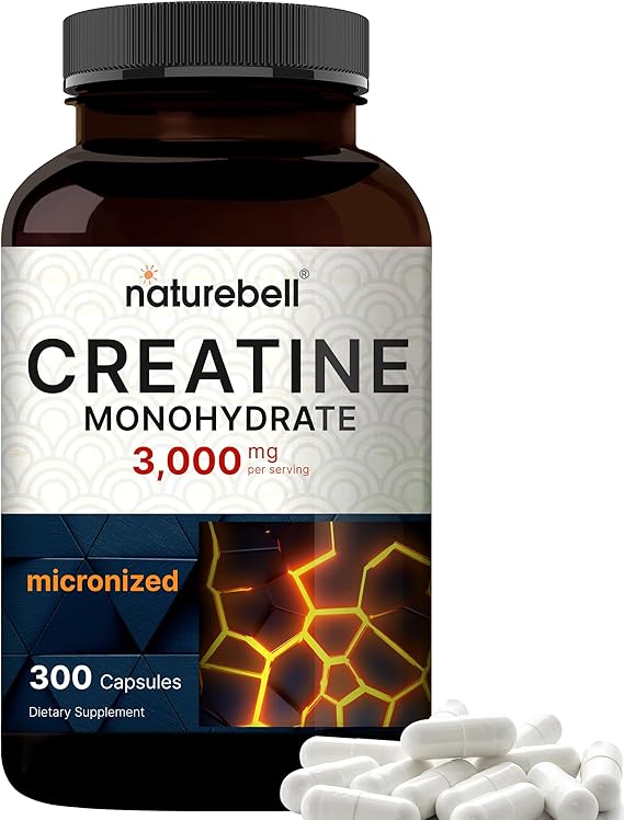NatureBell Creatine Monohydrate Capsules 3,000mg Per Serving, 300 Count | Micronized, Unflavored Creatine Pills | Pre-Workout & Muscle Strength Support | Easy to Swallow, Filler-Free | 50 Servings
