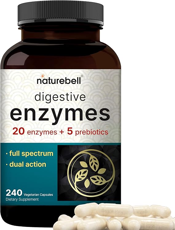 NatureBell Digestive Enzymes with Probiotics and Prebiotics, 240 Veggie Capsules | Gut & Digestive Health Support  20 Enzyme & 5 Prebiotic Pancreatic Complex | Non-GMO, Vegan Friendly
