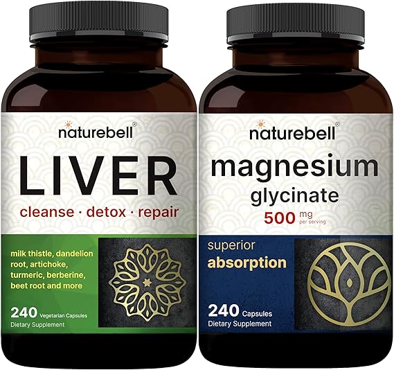 NatureBell Magnesium Glycinate Capsules 500mg & Liver Cleanse Detox Supplement Bundle Pack | Chelated & Purified Mineral | 15-in-1 Complex with Milk Thistle 500mg
