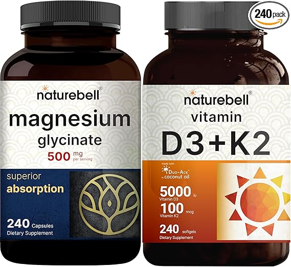 NatureBell Magnesium Glycinate Capsules 500mg & Vitamin D3 5,000iu with K2 MK-7 100mcg Softgels Bundle Pack | Chelated & Purified Mineral | Bioavailable Virgin Coconut Oil Softgels
