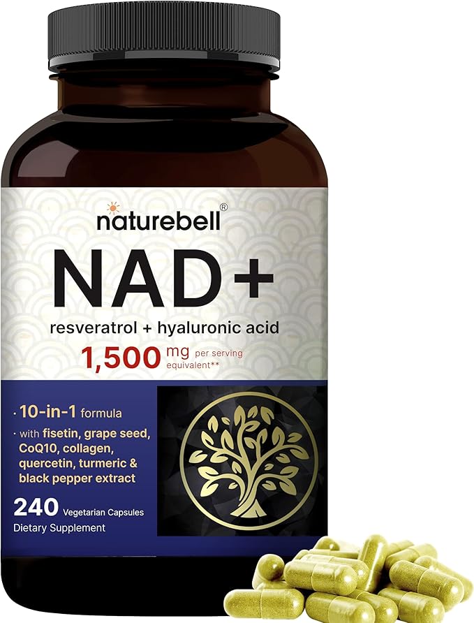 NatureBell NAD+ 1,500mg Per Serving, 240 Veggie Capsules | NMN Supplement Alternative | 10-in-1 Complex with Resveratrol Plus Hyaluronic Acid, Quercetin, Fisetin, Collagen, & More â Non-GMO