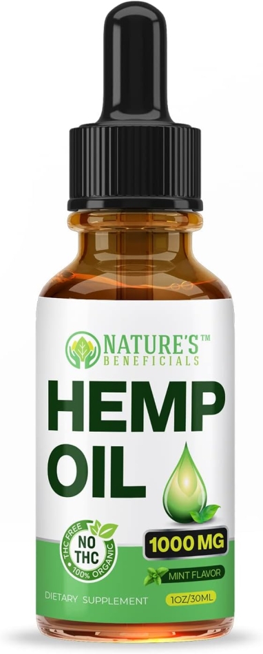 NATURES BENEFICIALS Organic Hemp Oil Extract Drops, 1000mg - Omega Fatty Acids 3 6 9, Non-GMO Ultra-Pure CO2 Extracted