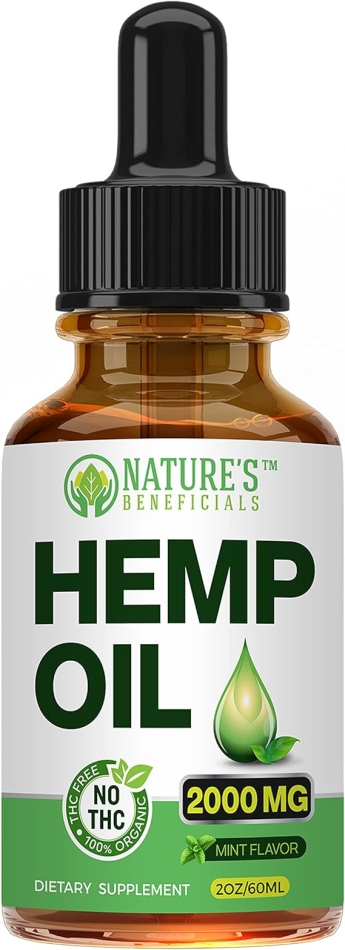 Natures Beneficials Organic Hemp Oil Extract Drops, 2000mg - Omega Fatty Acids 3 6 9, Non-GMO Ultra-Pure CO2 Extracted, 2 oz