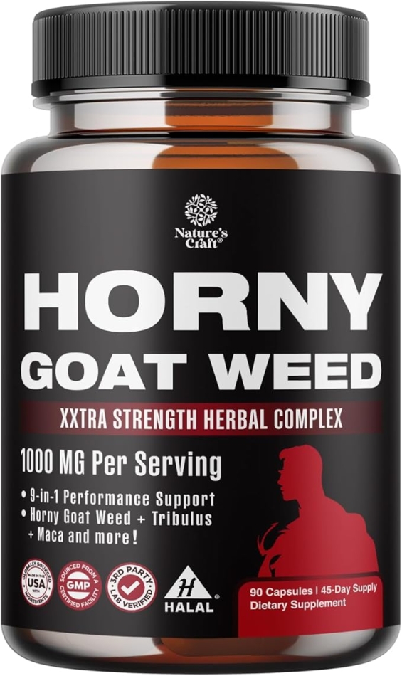 Natures Craft Horny Goat Weed for Men - Extra Strength Male Supplement with Black Maca Root, Tongkat Ali, Saw Palmetto & Panax Ginseng Extract for Stamina & Energy - 90 Capsules
