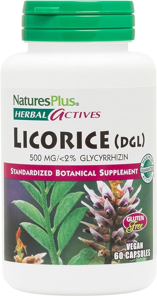 NaturesPlus Herbal Actives Licorice (DGL) Capsules - 500mg, 60 Vegan Supplements - Vegetarian, Gluten-Free - 60 Servings